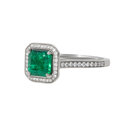 Emerald Grain Set Halo Enagagement Ring