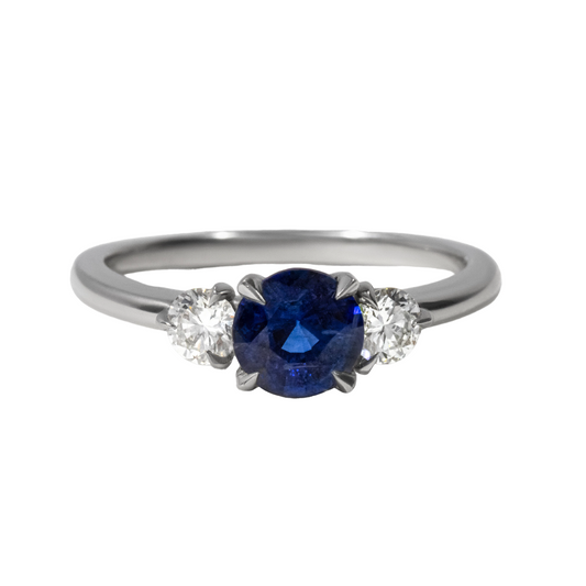 Round Blue Sapphire Trilogy Engagement Ring - 0.99ct