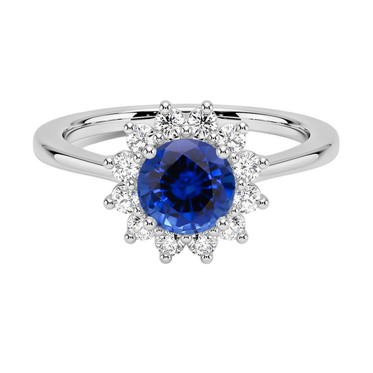 Sapphire Sunburst Halo Diamond Ring