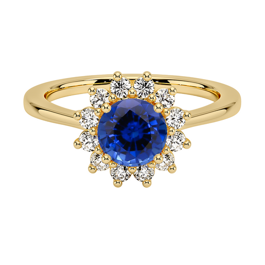 Sapphire Sunburst Halo Diamond Ring