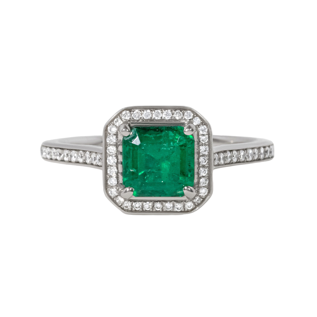 Emerald Grain Set Halo Enagagement Ring