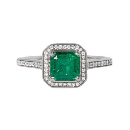 Emerald Grain Set Halo Enagagement Ring