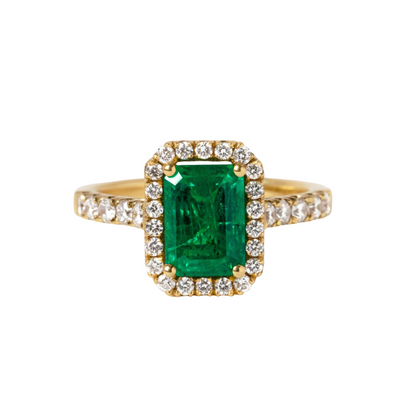 1.50 Carat Green Emerald Yellow Gold Maya Halo Engagement Ring