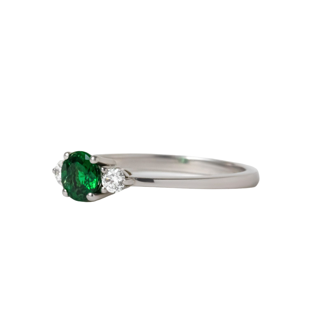 0.80 Carat Round Green Emerald And Diamond Three Stone Engagement Ring