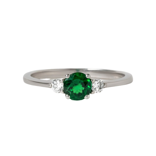 0.80 Carat Round Green Emerald And Diamond Three Stone Engagement Ring