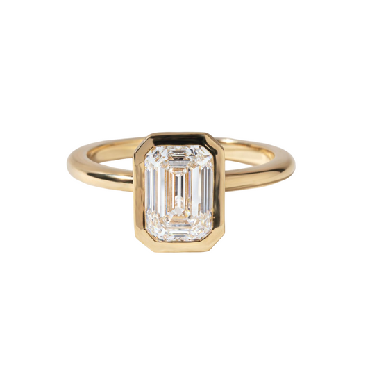 2.05 Carat Lab Grown Emerald Cut Yellow Gold Chloe Bezel Engagement Ring