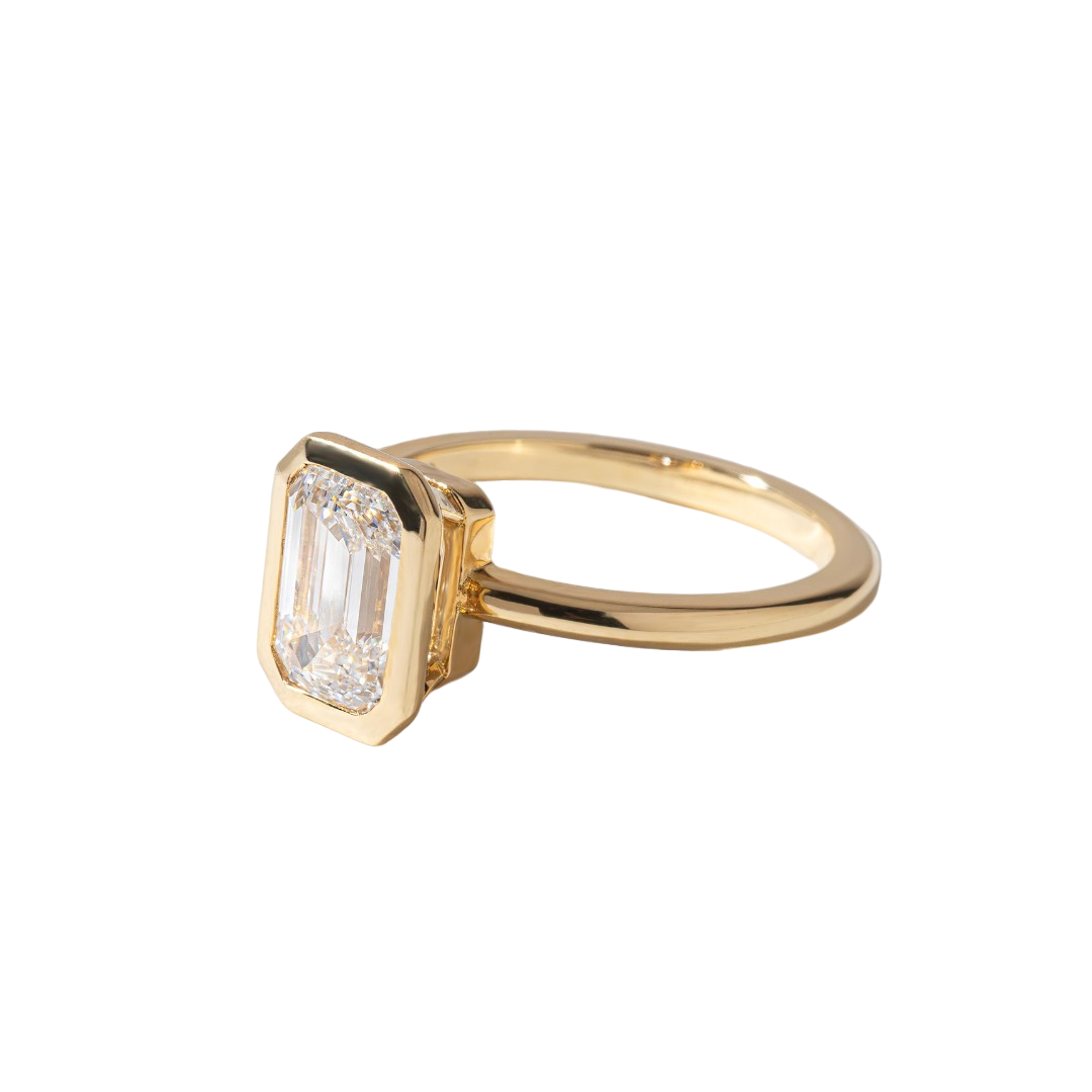 2.05 Carat Lab Grown Emerald Cut Yellow Gold Chloe Bezel Engagement Ring