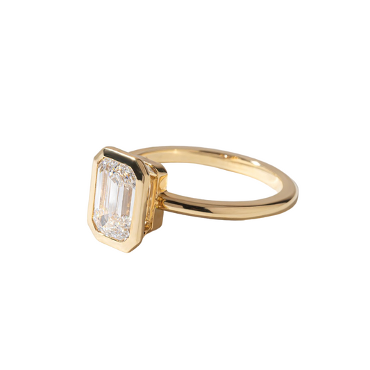 2.05 Carat Lab Grown Emerald Cut Yellow Gold Chloe Bezel Engagement Ring