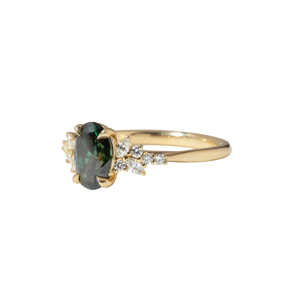 Sphinx Green Oval Lab Diamond Yellow Gold Cluster Engagement Ring- 1.21 Carat