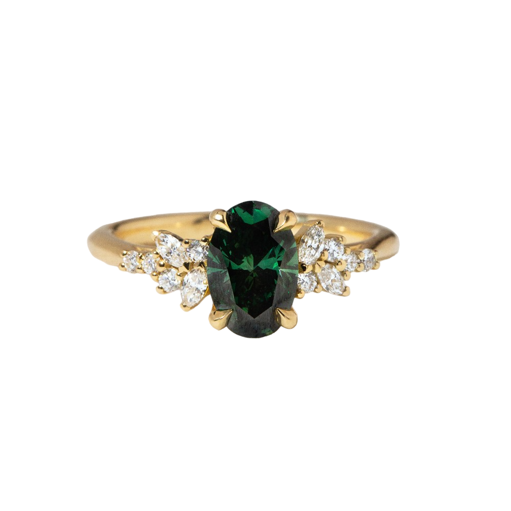 Sphinx Green Oval Lab Diamond Yellow Gold Cluster Engagement Ring- 1.21 Carat
