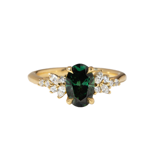 Sphinx Green Oval Lab Diamond Yellow Gold Cluster Engagement Ring- 1.21 Carat