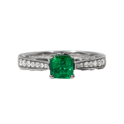 Asscher Zambian Emerald Pave Set Engagement Ring