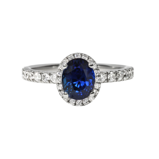 Oval Blue Sapphire Halo Engagement Ring - 1.70ct