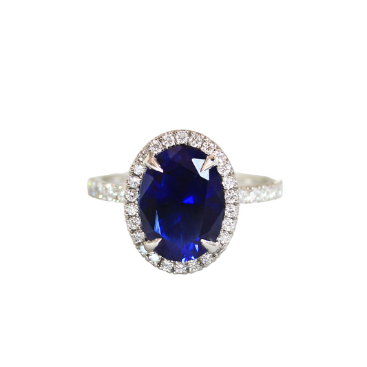 Oval Blue Sapphire Halo Engagement Ring - 3.85ct